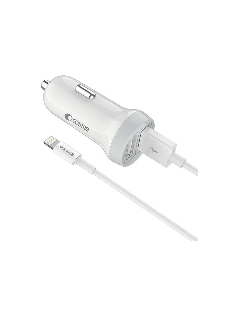 Comma Car Charger with Lightning Cable - 2.4A 2USB Plastic - EA289 - White